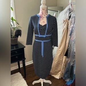 💖Sexy Retro Pinup Rockabilly Polka Dot Dress Blue White Polkadot Large